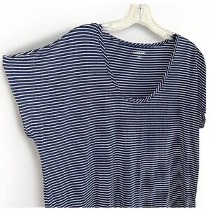 Lands End Knit Tshirt Top Size L Womens Striped Navy Blue White Short Sleeves